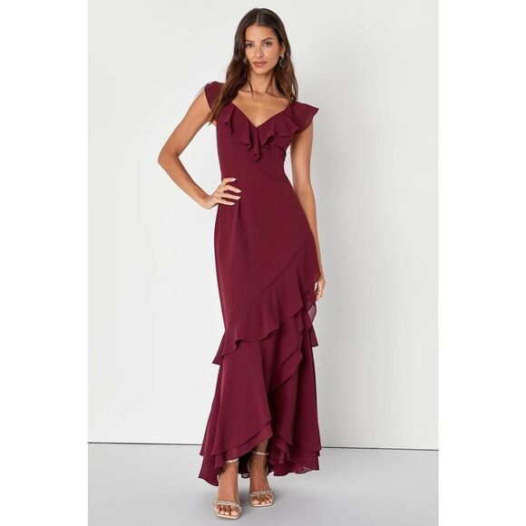 Lulu's Dresses & Skirts - Lulus Charming Event Burgundy Asymmetrical Ruffled Maxi Dress Size 2X NWOT